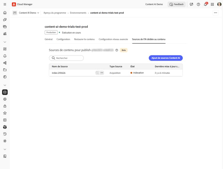 Liste des sources de contenu affichant le statut de Indexation