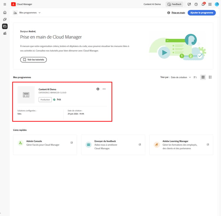 Accueil Cloud Manager affichant la carte du programme