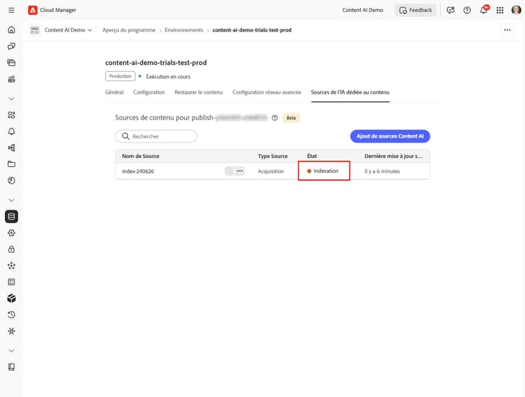Liste des sources de contenu affichant la source nouvellement créée au statut Indexation