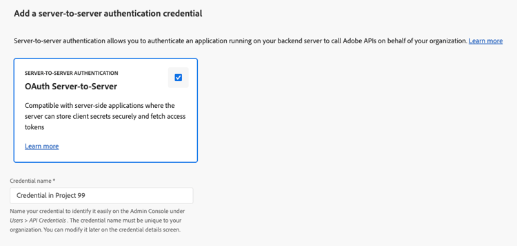 Étape Adobe Developer Console pour renommer les nouvelles informations d'identification de serveur à serveur avant de sélectionner Suivant