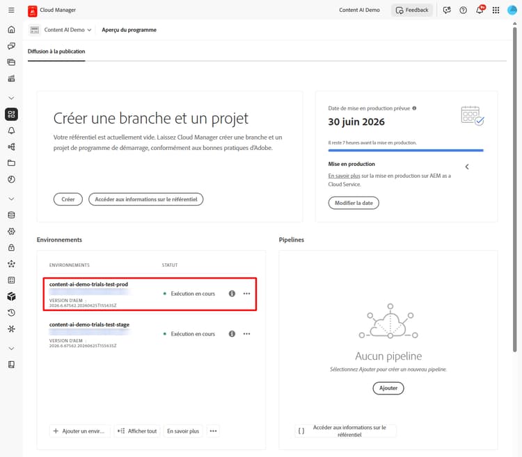 Vue d’ensemble du programme avec un environnement de production mis en évidence