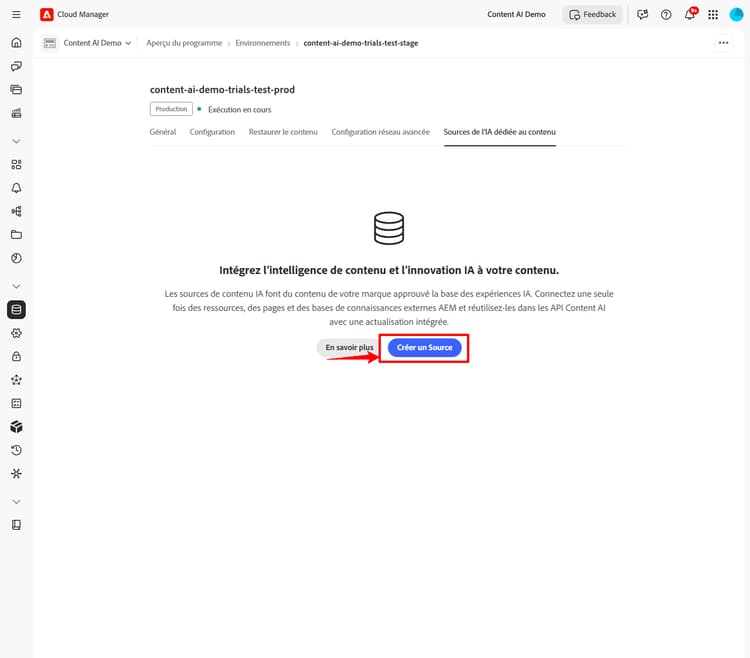 Onglet Configuration de l’IA dédiée au contenu affichant le bouton Créer une source
