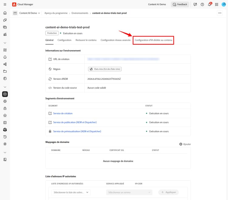 Page de détails de l’environnement avec l’onglet Configuration de l’IA dédiée au contenu en évidence