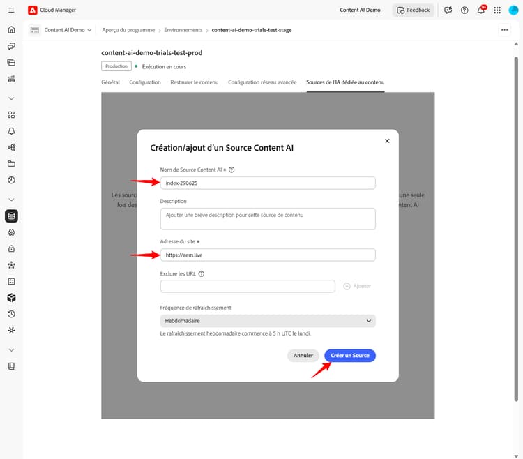 Boîte de dialogue Créer une source d’IA dédiée au contenu avec les champs de nom et d’adresse du site web renseignés et le bouton Créer une source en évidence