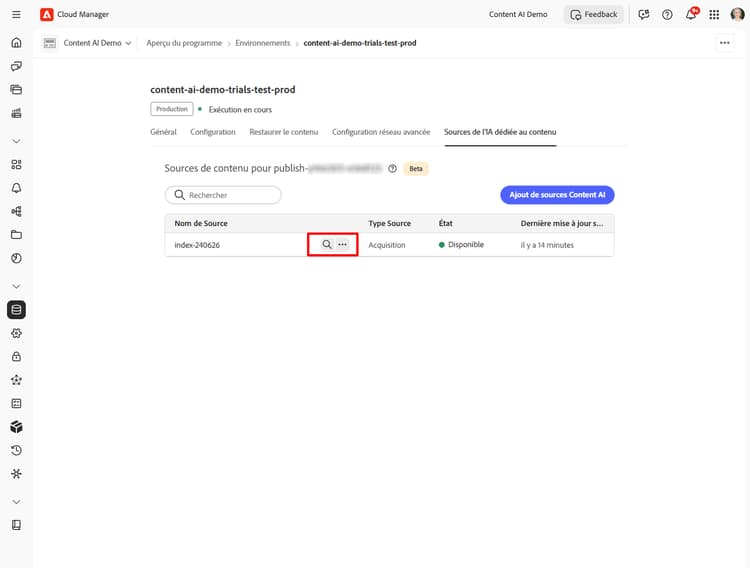 Liste des sources de contenu avec l’icône Rechercher mis en évidence sur une source disponible