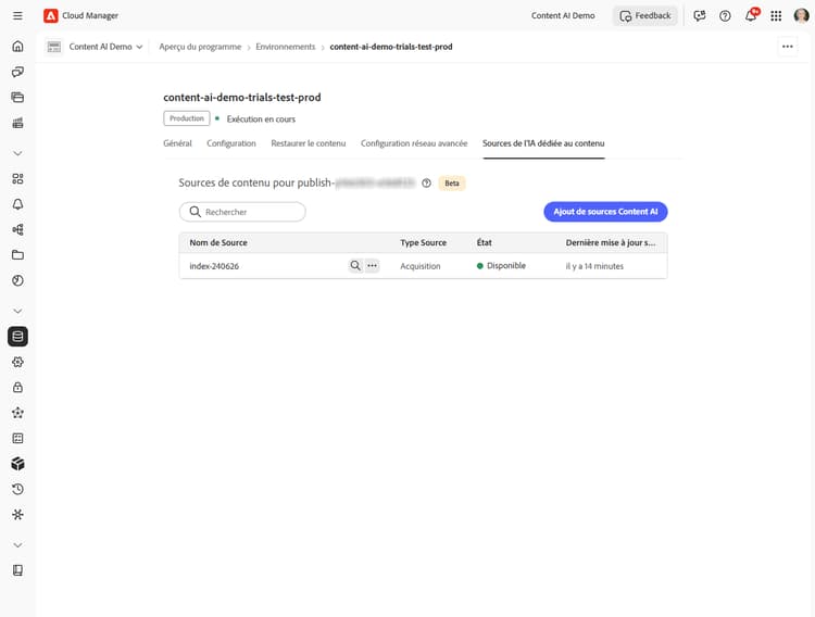 Liste des sources de contenu affichant le statut Disponible
