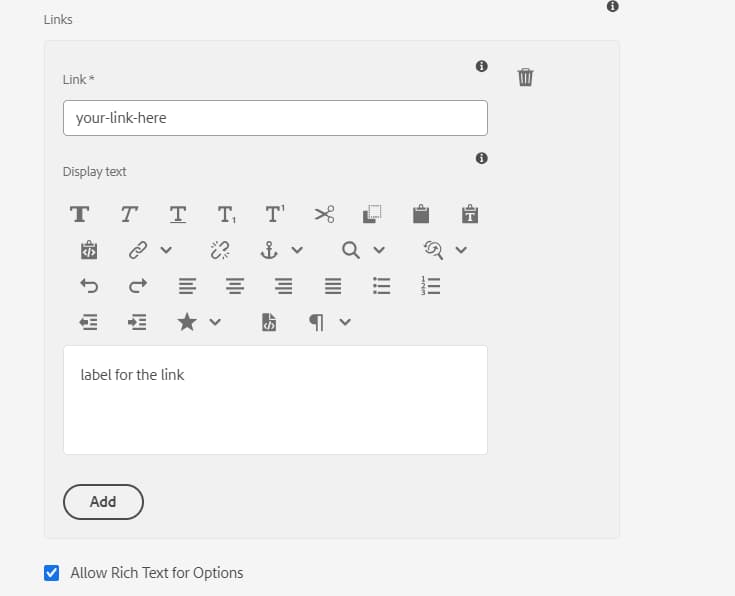 Prise en charge du texte enrichi pour les options