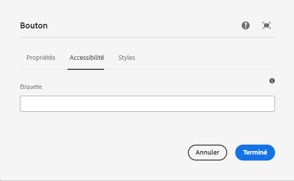 Onglet Accessibilité de la boîte de dialogue de modification du composant Bouton