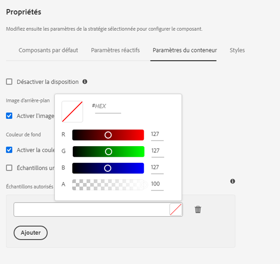 L’onglet Paramètres de conteneur de la boîte de dialogue de conception du composant Conteneur d’e-mail