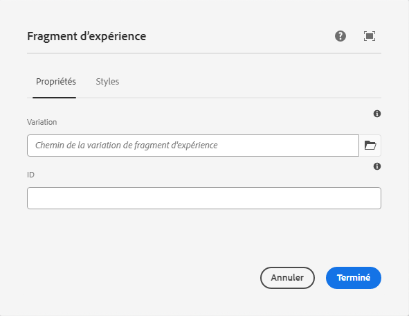 Boîte de dialogue de modification du composant Fragment d’expérience d’e-mail