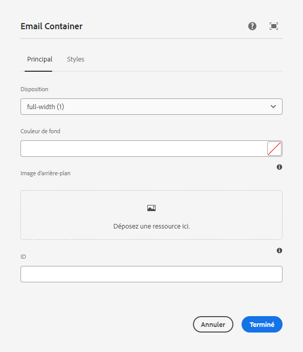 Boîte de dialogue de modification du composant Conteneur d’e-mail