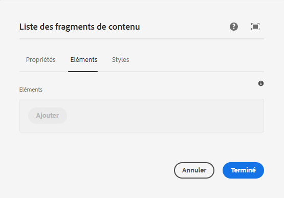 Onglet Éléments de la boîte de dialogue de modification du composant Liste de fragments de contenu