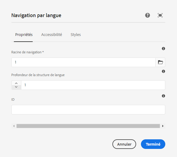 Boîte de dialogue de modification du composant Navigation par langue