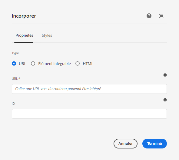 Boîte de dialogue de modification du composant Incorporer pour l’URL