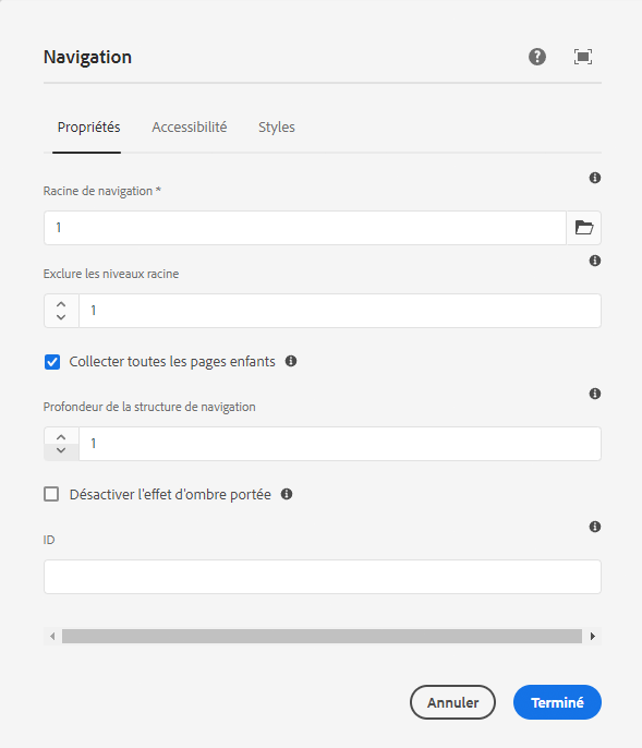 Onglet Propriétés de la boîte de dialogue de modification du composant Navigation