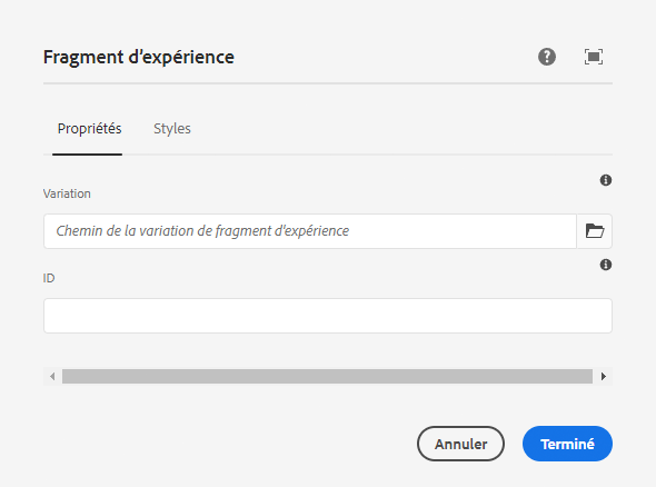 Boîte de dialogue de modification du composant Fragment d’expérience