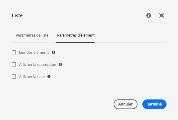 Paramètres d’élément