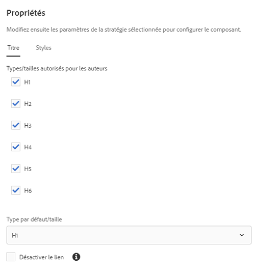 Boîte de dialogue de conception du composant Titre