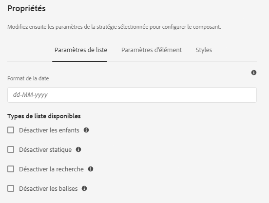 Paramètre de liste de la boîte de dialogue de conception du composant Liste