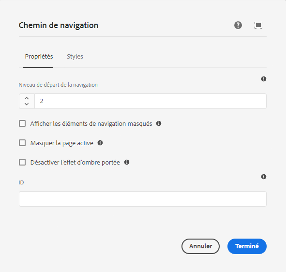 Boîte de dialogue de modification du composant Chemin de navigation