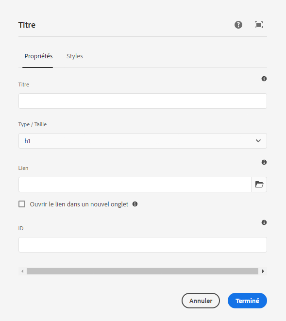 Boîte de dialogue de modification du composant Titre