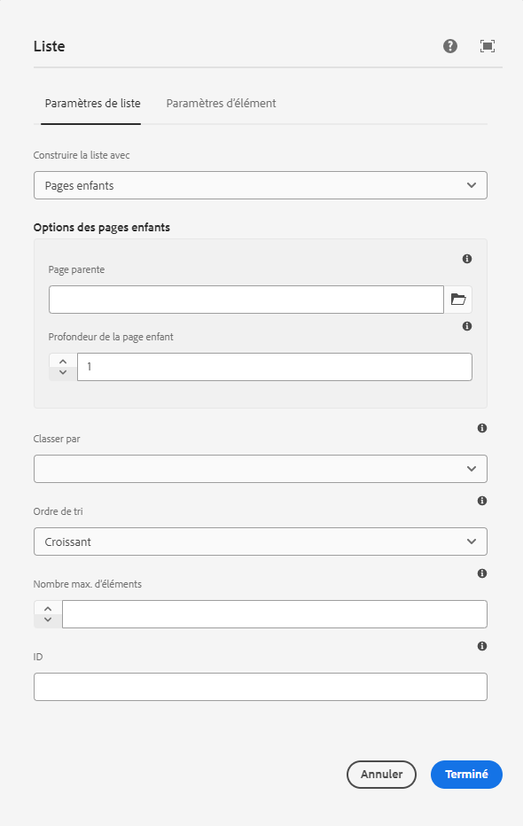 Boîte de dialogue de modification du composant Liste