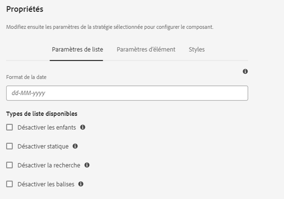 Paramètre de liste de la boîte de dialogue de conception du composant Liste