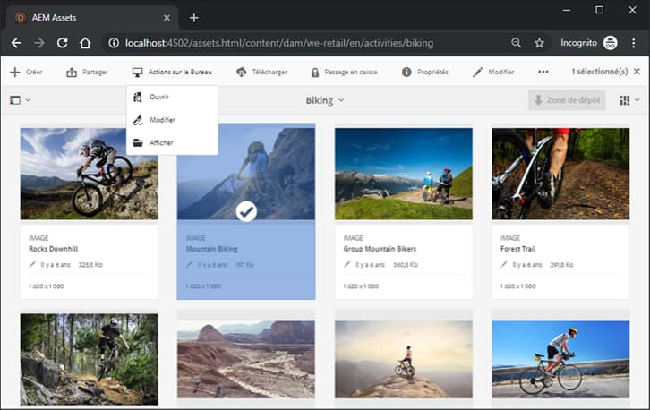 Actions du bureau dans l’interface Web d’Experience Manager
