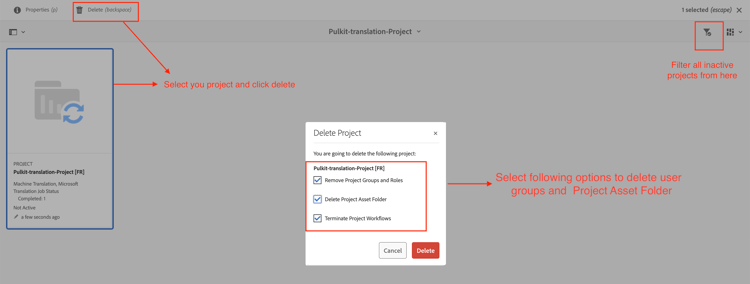 Supprimer le projet et le dossier de traduction