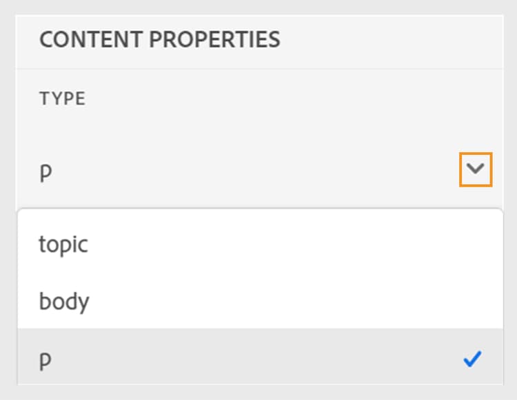 menu déroulant de type dans les propriétés de contenu
