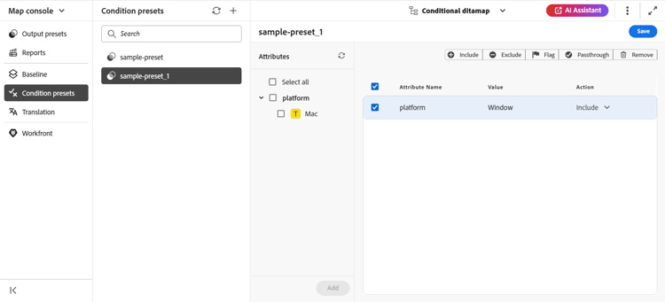 Paramètres prédéfinis de condition dans la console de mappages
