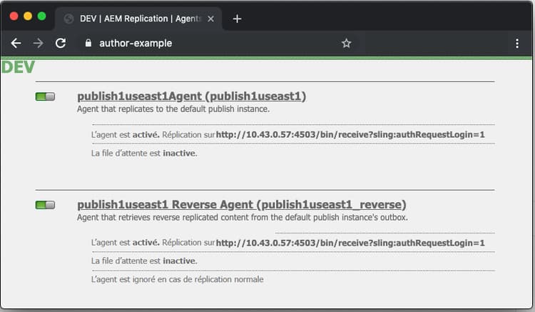 Copie d’écran de l’agent de réplication standard sur la page web d’AEM /etc/replication.html.