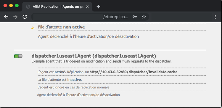 Copie d’écran de l’agent de réplication de purge standard à partir de la page web AEM /etc/replication.html.