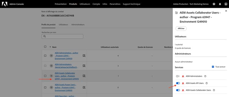 Association du service Utilisateurs et utilisatrices de l’API AEM Assets au profil de produit