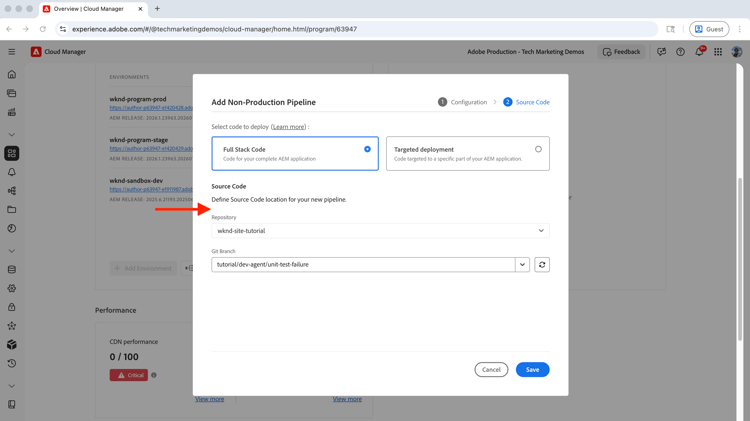 Ajout de code Source de pipeline hors production