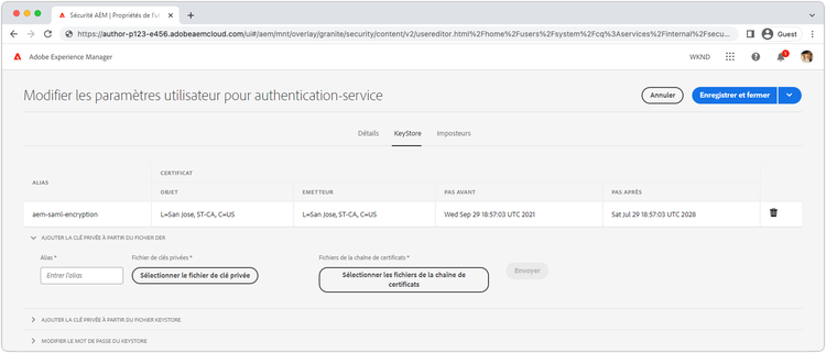 KeyStore du service d’authentification AEM.