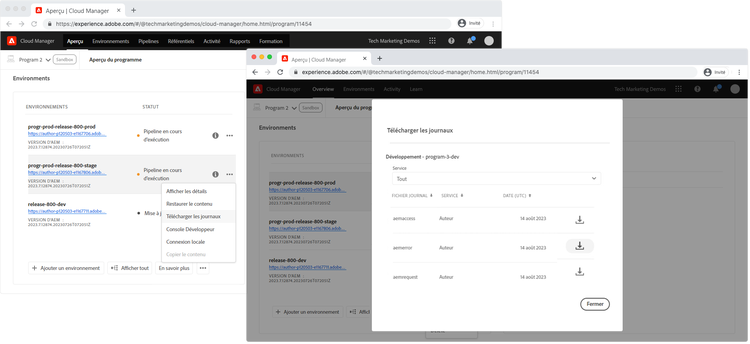 Cloud Manager - Téléchargement de journaux.