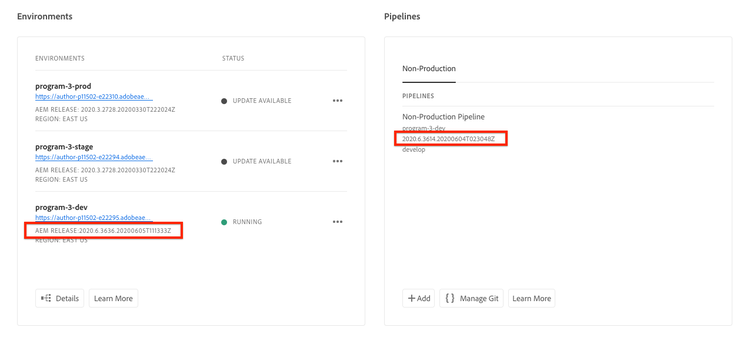 Le pipeline Cloud Manager contient une version AEM antérieure.