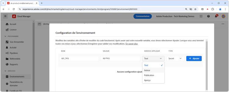 Configuration des secrets Cloud Manager