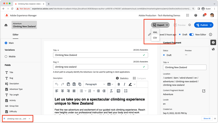 Exemple d’extension de menu d’en-tête de l’éditeur de fragment de contenu.