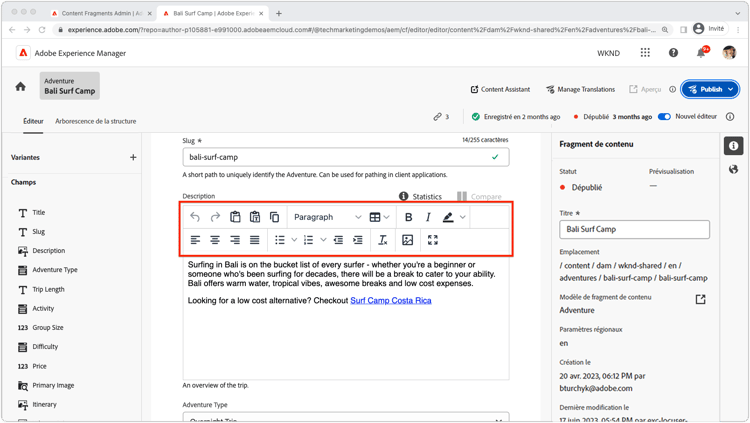 Barre d’outils de l’éditeur de texte enrichi