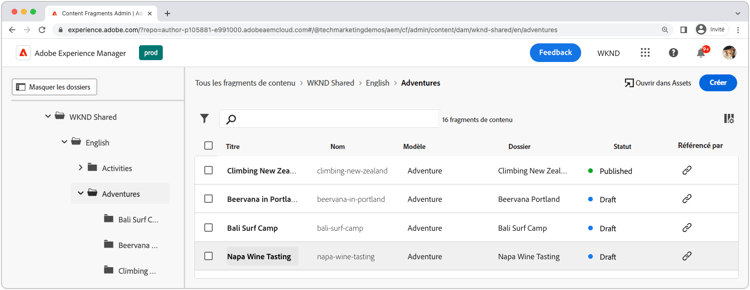 Console Fragments de contenu.