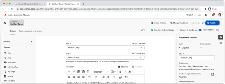 Éditeur de fragments de contenu.