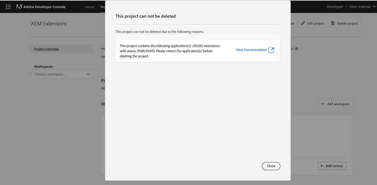 Impossible de supprimer le projet