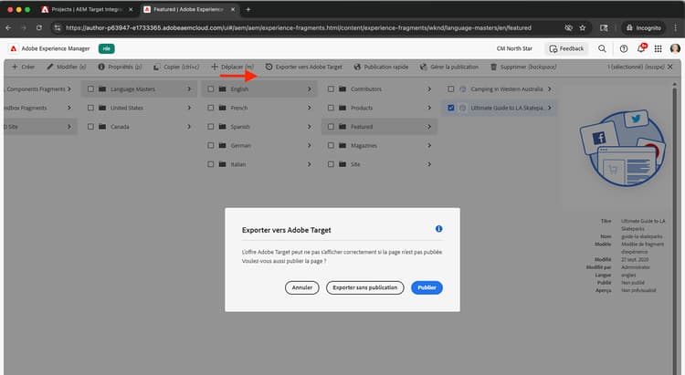 Export d’un fragment d’expérience vers Adobe Target