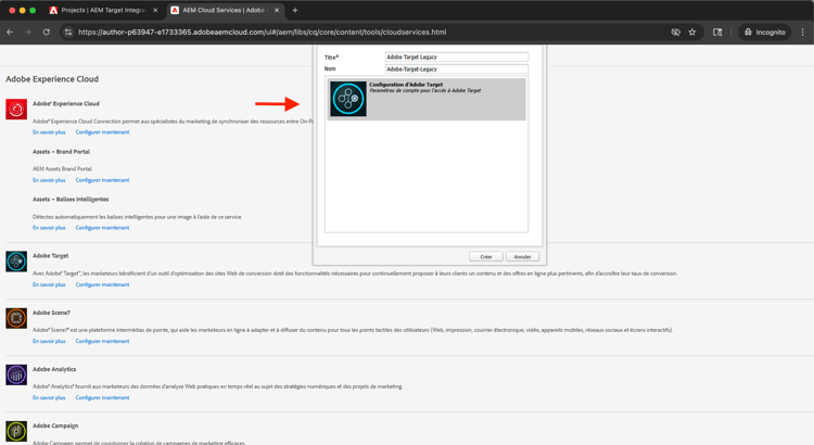Création d’une configuration d’Adobe Target héritée