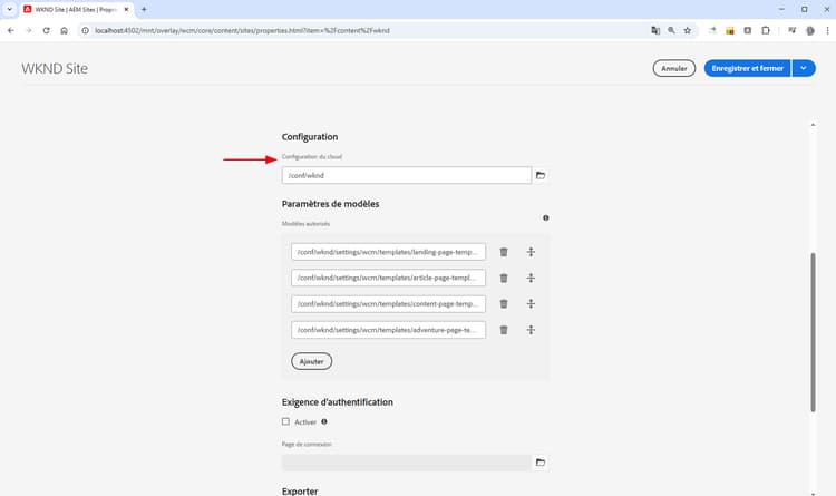 Propriétés avancées du site AEM