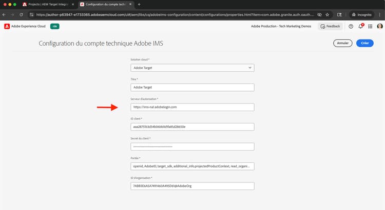 Détails de la configuration d’Adobe IMS