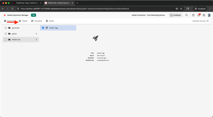 Publication de la configuration d’Adobe Launch