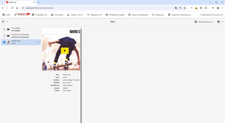Propriétés du site AEM